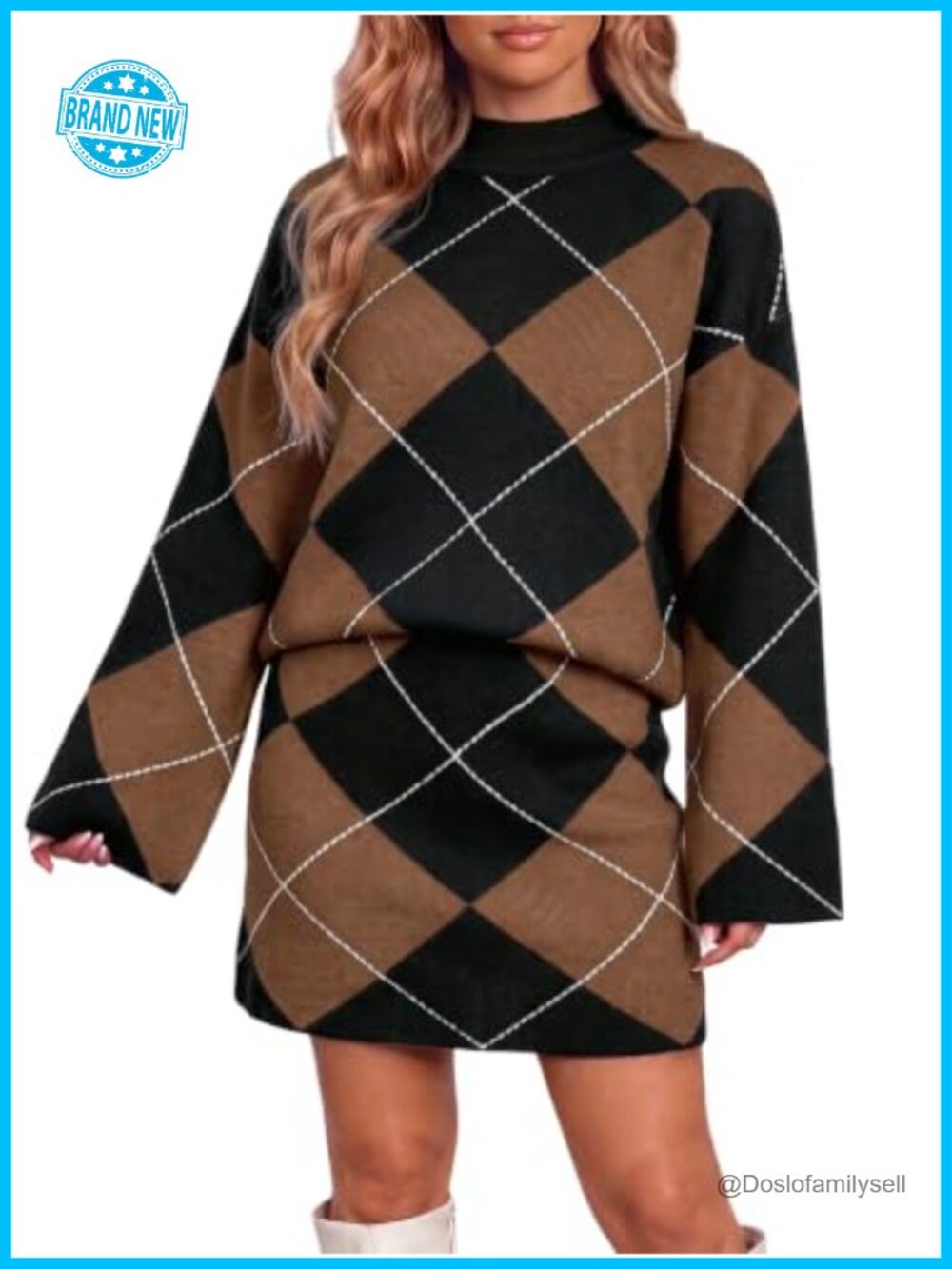 Womens 2 Piece Argyle Knit Sweater Mini Skirt Set Mock Neck Loose Fall